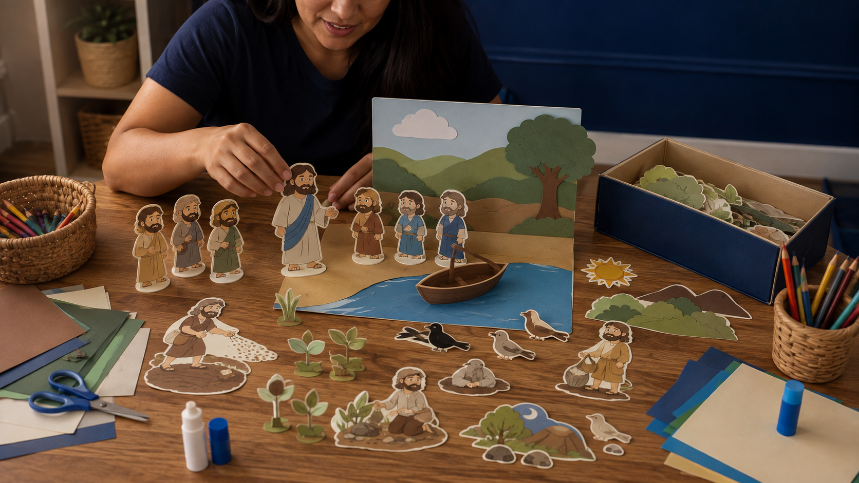 Recortes ilustrados de Jesus e discípulos para montar histórias