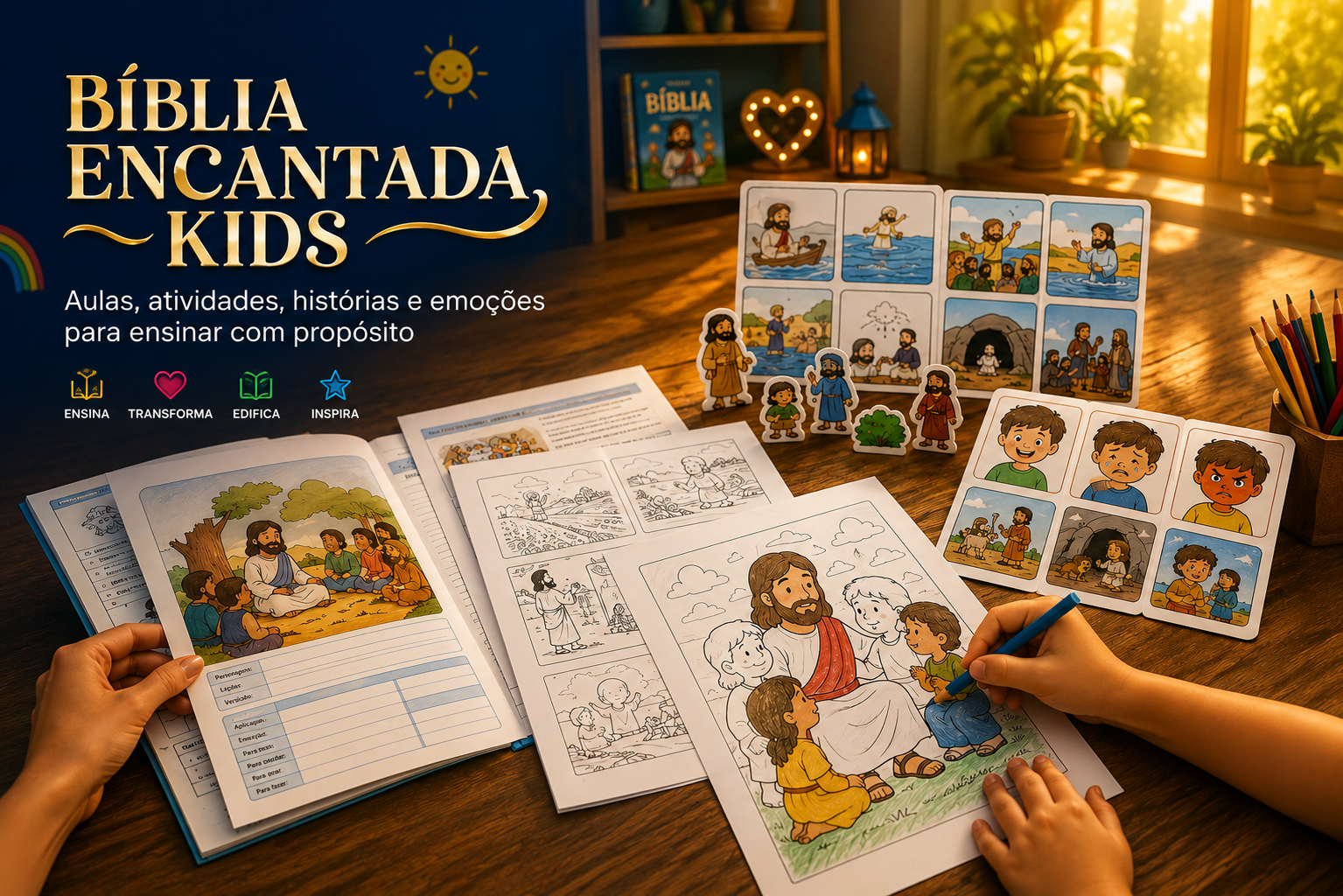 Composição com os materiais da coleção Bíblia Encantada Kids