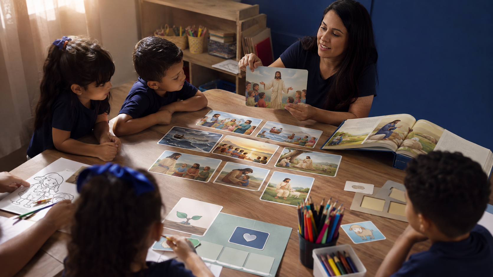 Educadora apresentando cartões ilustrados do material